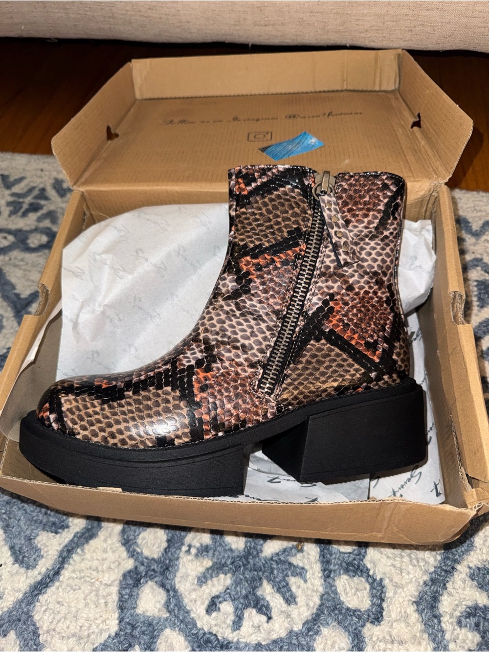 Women’s Snake-Print Zip Chunky Ankle Boots in Brown